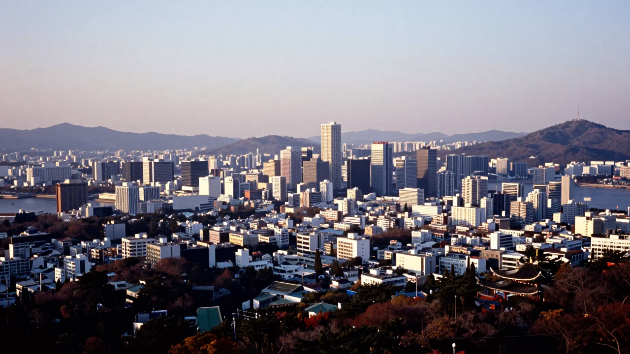 Seoul Skyline Landscape View from Namsan Tower Late Morning Cityscape Horizon in in Seoul, South Korea
