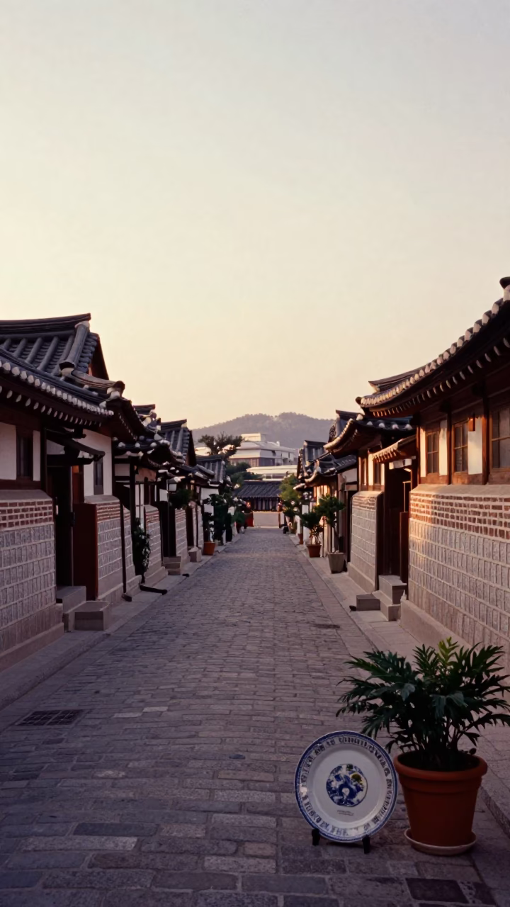 Seoul South Korea 1950s Evening Street Scene with Plate and Houseplant in in Seoul, South Korea