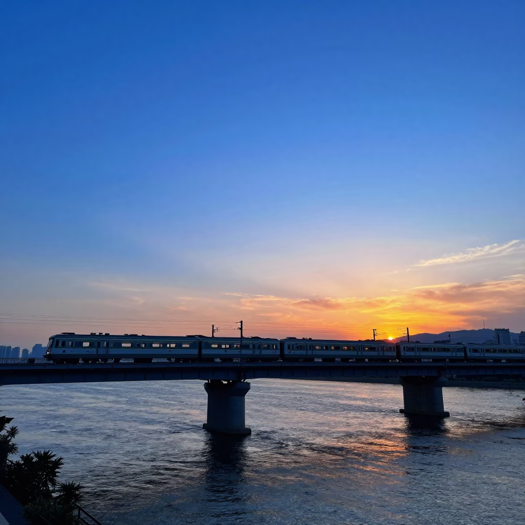 Seoul South Korea Blue Hour Commuter Train Crossing Bridge at Sunset in in Seoul, South Korea