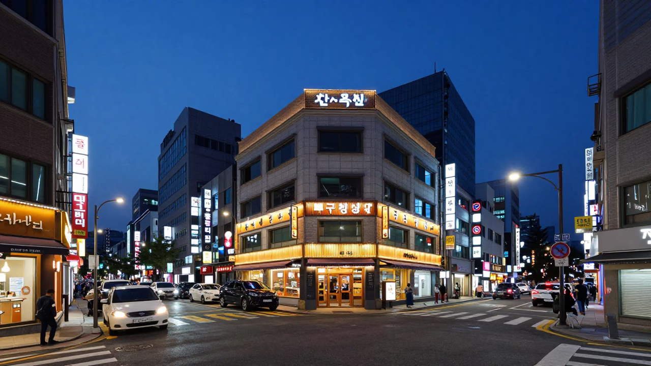 Seoul South Korea Blue Hour Street Scene with Neon Lights and Urban Life in in Seoul, South Korea