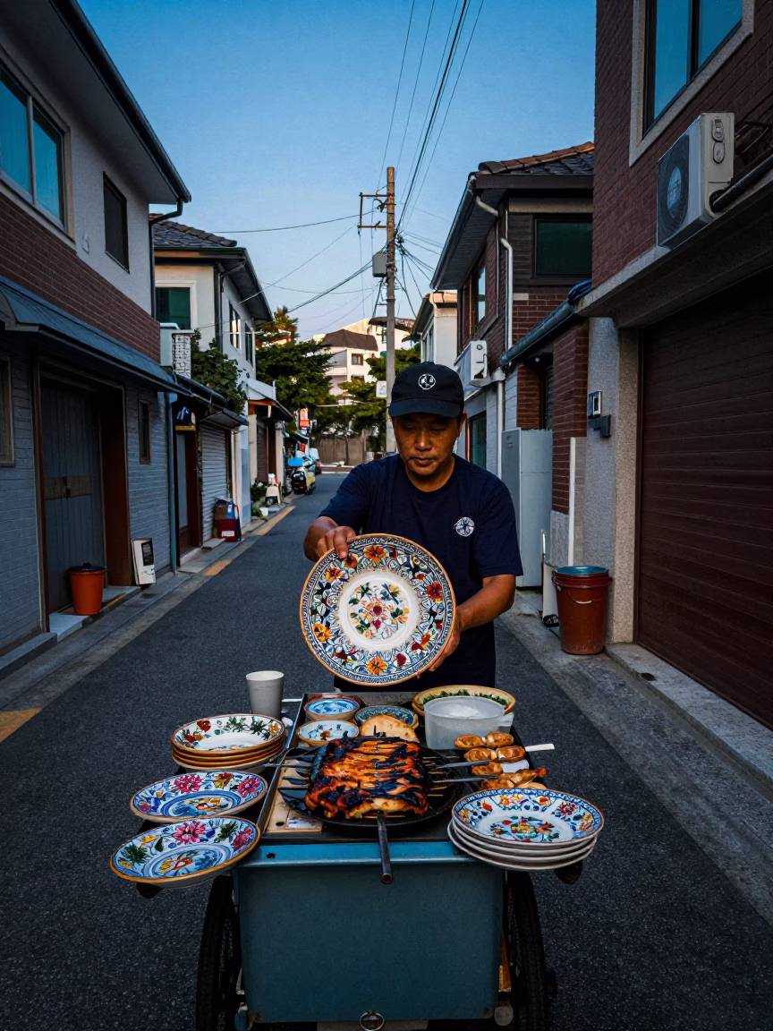 Seoul South Korea Blue Hour Street Scene with Vintage Majolica Plate and Grilled Fish in in Seoul, South Korea