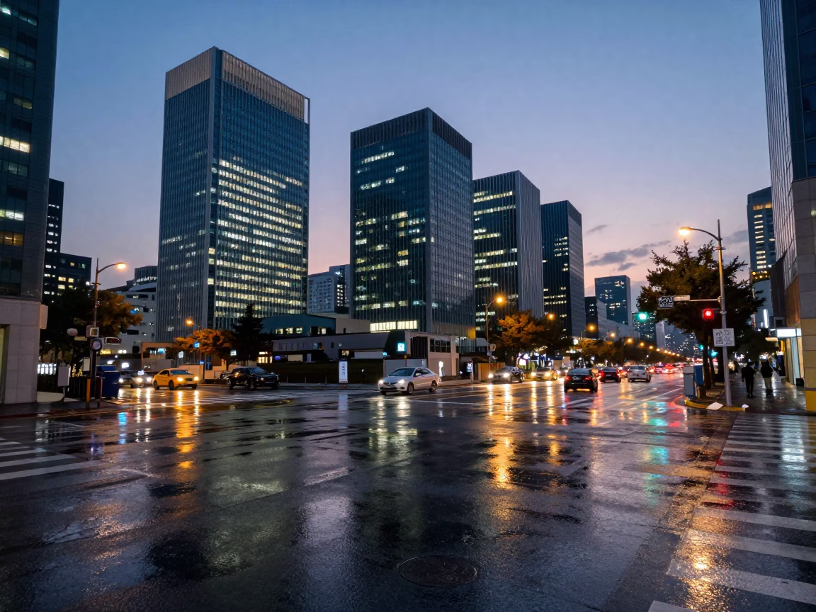 Seoul South Korea Cityscape at Dusk with Wet Street Reflections and Urban Infrastructure in in Seoul, South Korea