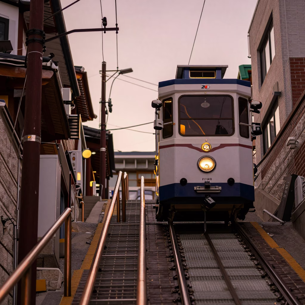 Seoul South Korea copper-toned dusk street scene with funicular climbing steep hill in in Seoul, South Korea