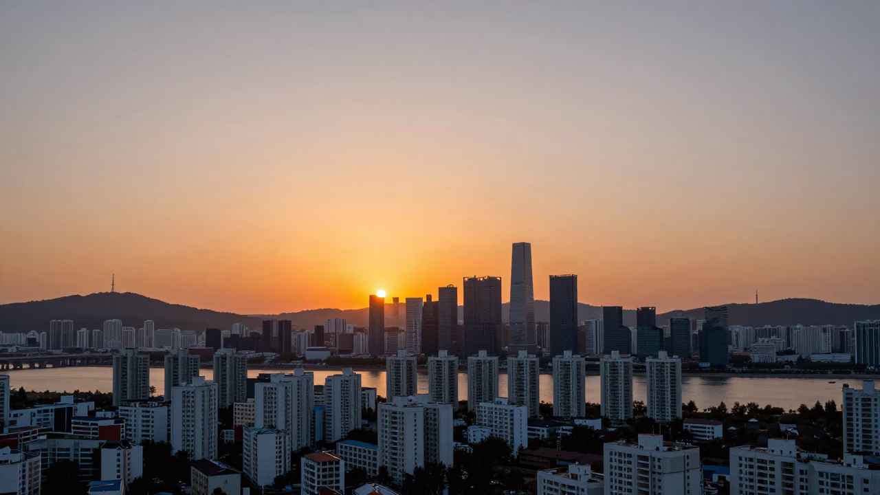 Seoul South Korea Dusk Cityscape Han River and Urban Skyline at Sunset in in Seoul, South Korea