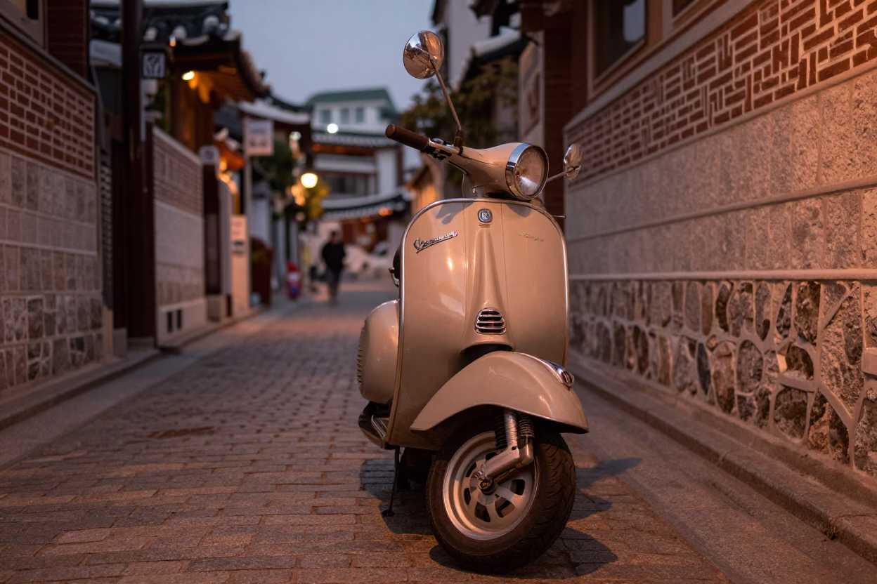 Seoul South Korea Dusk Street Scene with Vintage Vespa on Cobblestone Lane in in Seoul, South Korea