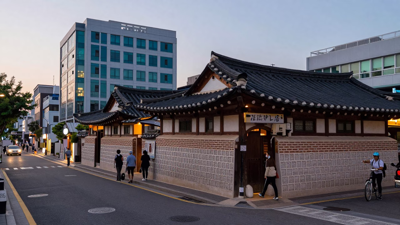 Seoul South Korea Early Evening Street Scene with Traditional Architecture and Local Life in in Seoul, South Korea