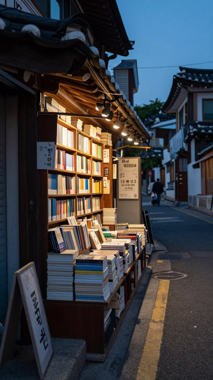 Seoul South Korea early evening street scene with traditional bookstore and amber lighting in in Seoul, South Korea