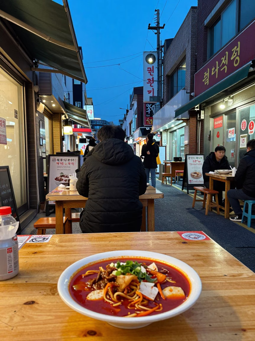 Seoul South Korea Evening Street Scene with Bibim Guksu Plate and Rainy Urban Atmosphere in in Seoul, South Korea