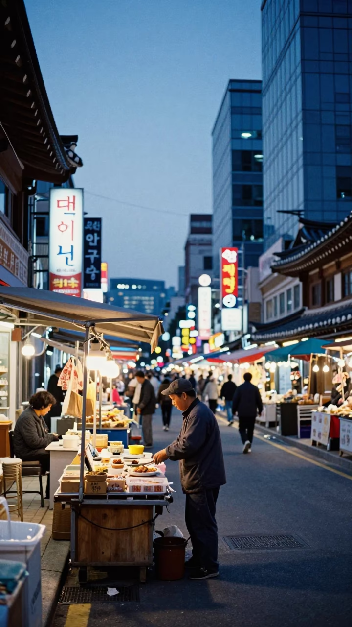 Seoul South Korea Evening Street Scene with Neon Signs and Traditional Market Stall in in Seoul, South Korea