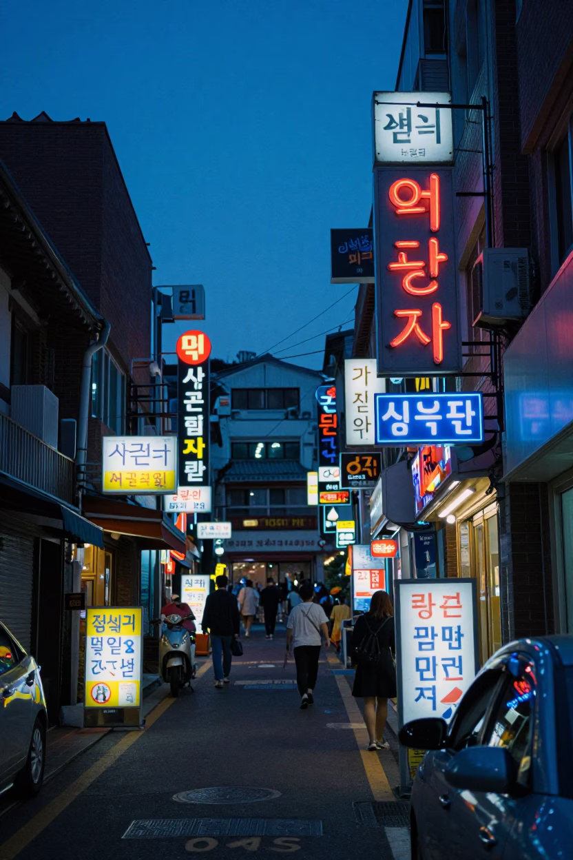 Seoul South Korea Evening Street Scene with Neon Signs and Urban Details in in Seoul, South Korea