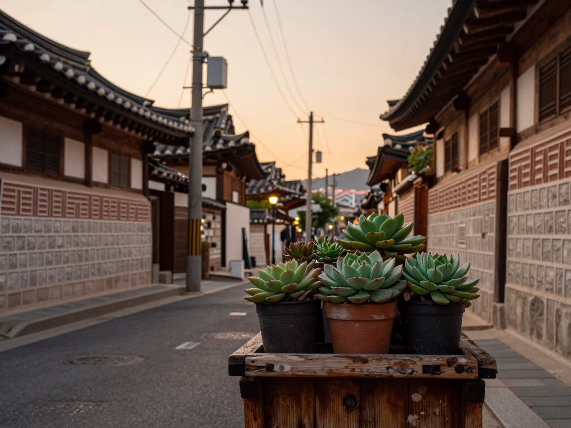 Seoul South Korea Evening Street Scene with Potted Succulents and Traditional Architecture in in Seoul, South Korea