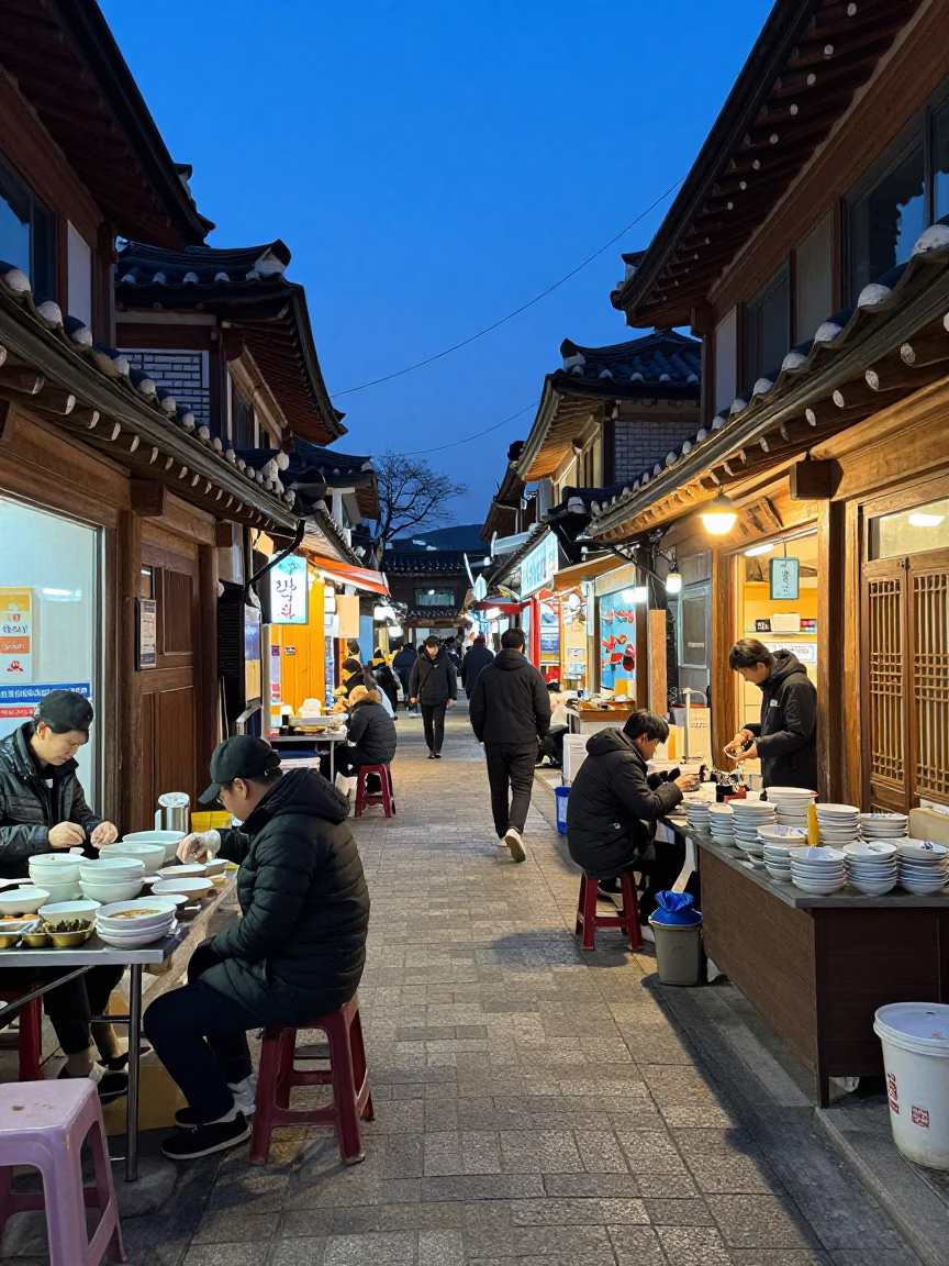 Seoul South Korea Evening Street Scene with Soup Bowls and Traditional Architecture in in Seoul, South Korea