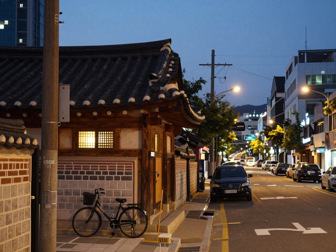 Seoul South Korea Evening Street Scene with Traditional Hut and Bicycle in in Seoul, South Korea