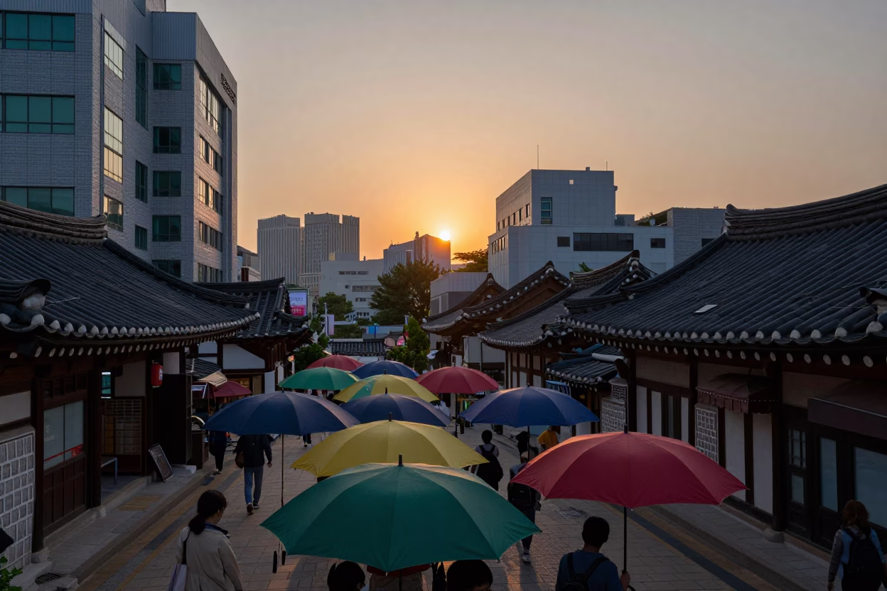 Seoul South Korea Evening Street Scene with Umbrellas and Traditional Architecture in in Seoul, South Korea