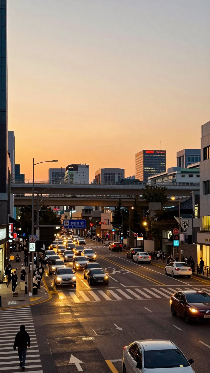 Seoul South Korea Golden Hour Street Scene with Overpass Interchange and City Lights in in Seoul, South Korea