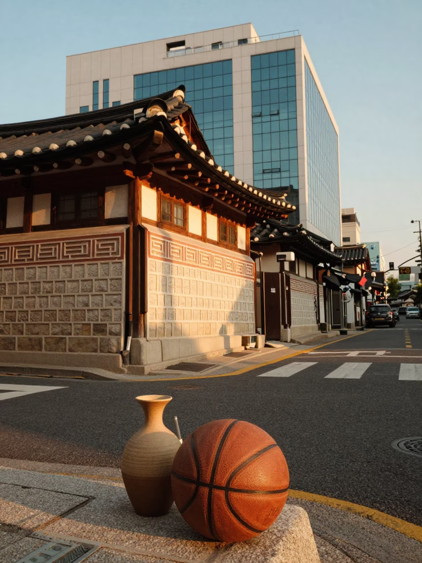 Seoul South Korea Golden Hour Street Scene with Vase and Old Leather Basketball in in Seoul, South Korea