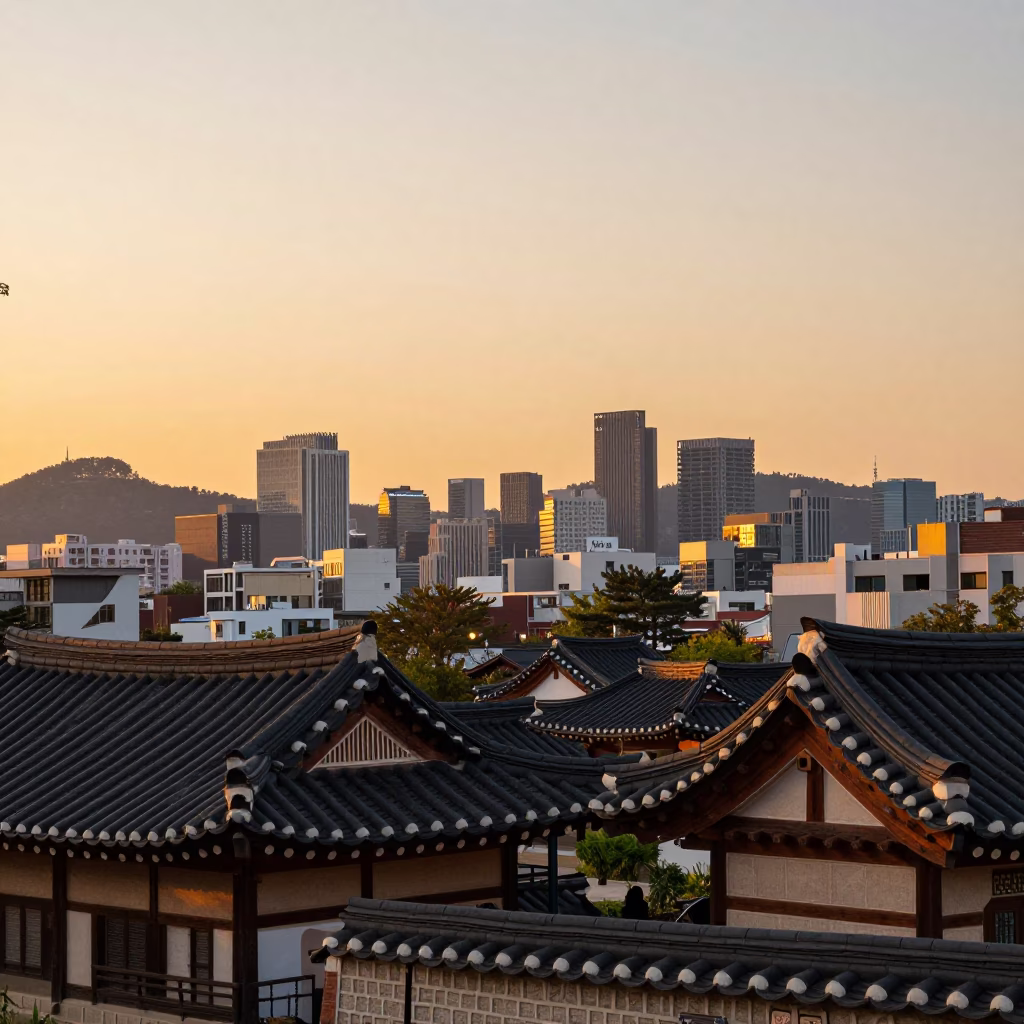 Seoul South Korea Honeyed Evening Light Landscape Horizon Shot with Traditional Architecture in in Seoul, South Korea