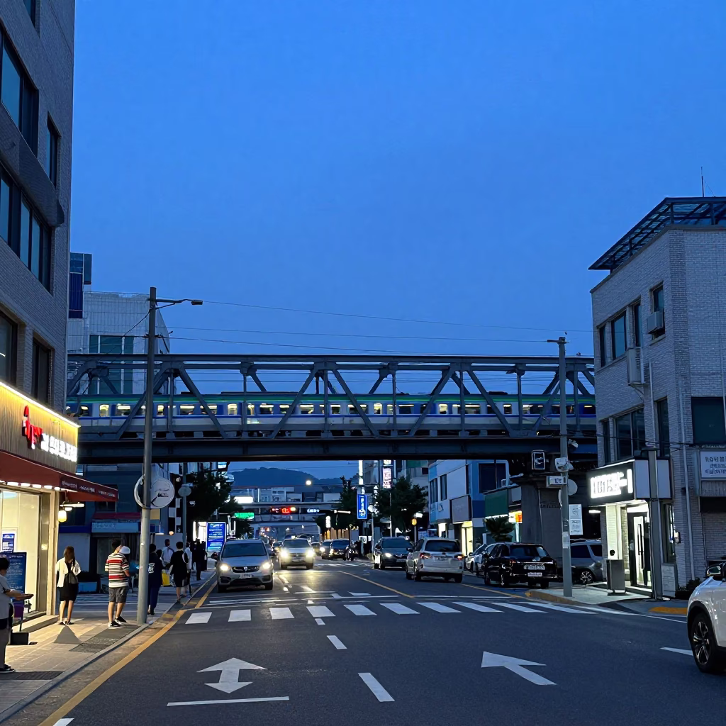 Seoul South Korea indigo twilight street scene with commuter train crossing bridge in in Seoul, South Korea