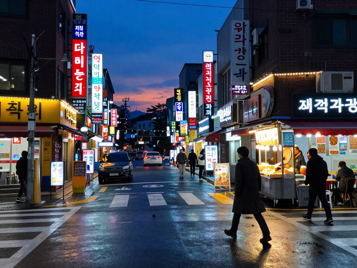Seoul South Korea Indigo Twilight Street Scene with Neon Signs and Rain-Slicked Pavement in in Seoul, South Korea