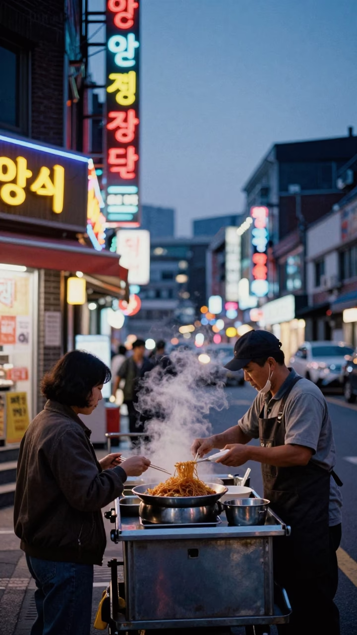 Seoul South Korea indigo twilight street scene with neon signs and traditional food in in Seoul, South Korea