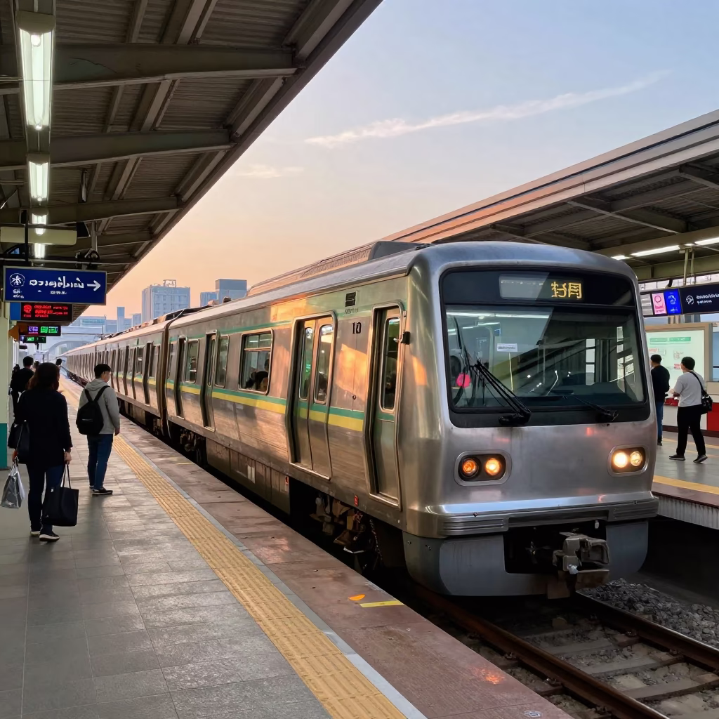 Seoul South Korea Late Afternoon Metro Train Arriving at Colorful Art Station Street Scene in in Seoul, South Korea