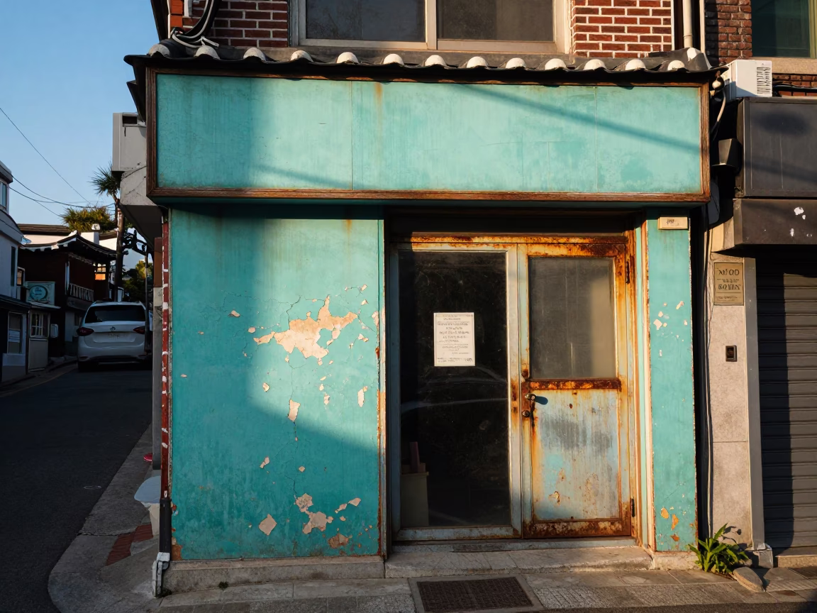 Seoul South Korea late afternoon street scene with peeling turquoise paint and rusty doorframe in in Seoul, South Korea