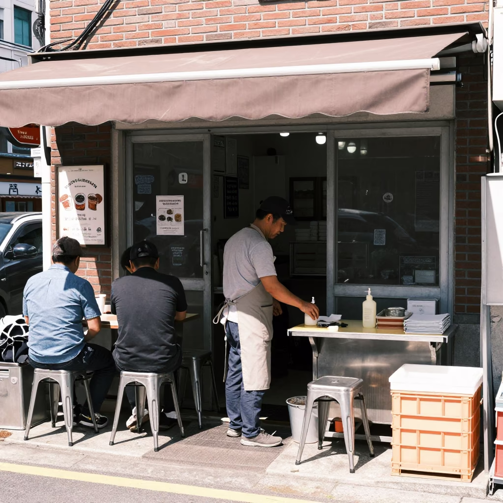Seoul South Korea Midday Street Scene with Metal Stools and Urban Life in in Seoul, South Korea