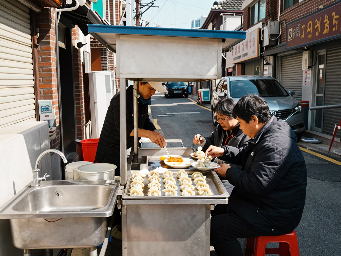 Seoul South Korea Midday Street Scene with Sink and Dumplings in in Seoul, South Korea