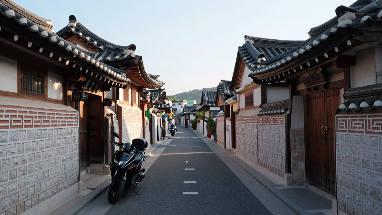 Seoul South Korea Morning Street Scene with Motorcycles and Traditional Architecture in in Seoul, South Korea