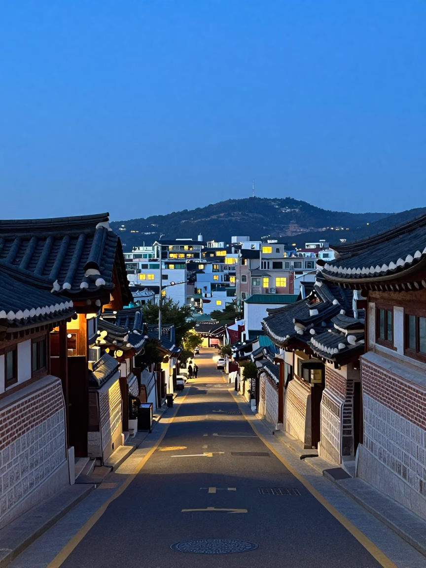 Seoul South Korea Nautical Dawn Street Scene with Vintage 1950s Atmosphere in in Seoul, South Korea