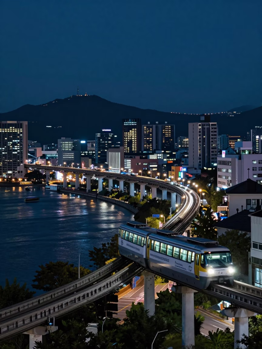 Seoul South Korea Night Cityscape with Monorail Over River at Blue Hour in in Seoul, South Korea