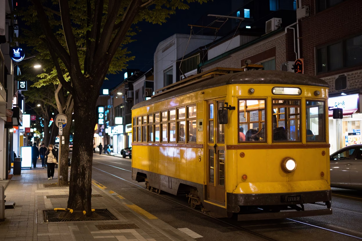 Seoul South Korea Night Street Scene with Old Trolley and Tree Shadows in in Seoul, South Korea