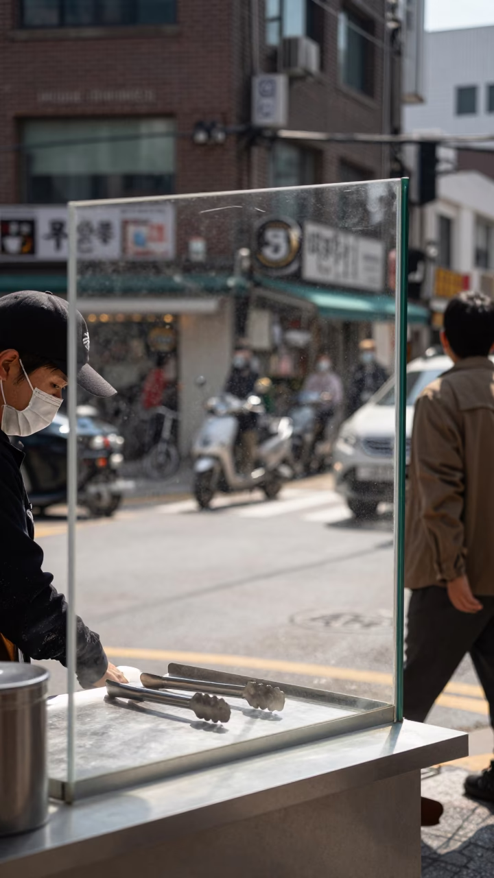 Seoul South Korea Noon Street Scene with Clear Glass Frame and Kitchen Tongs in in Seoul, South Korea