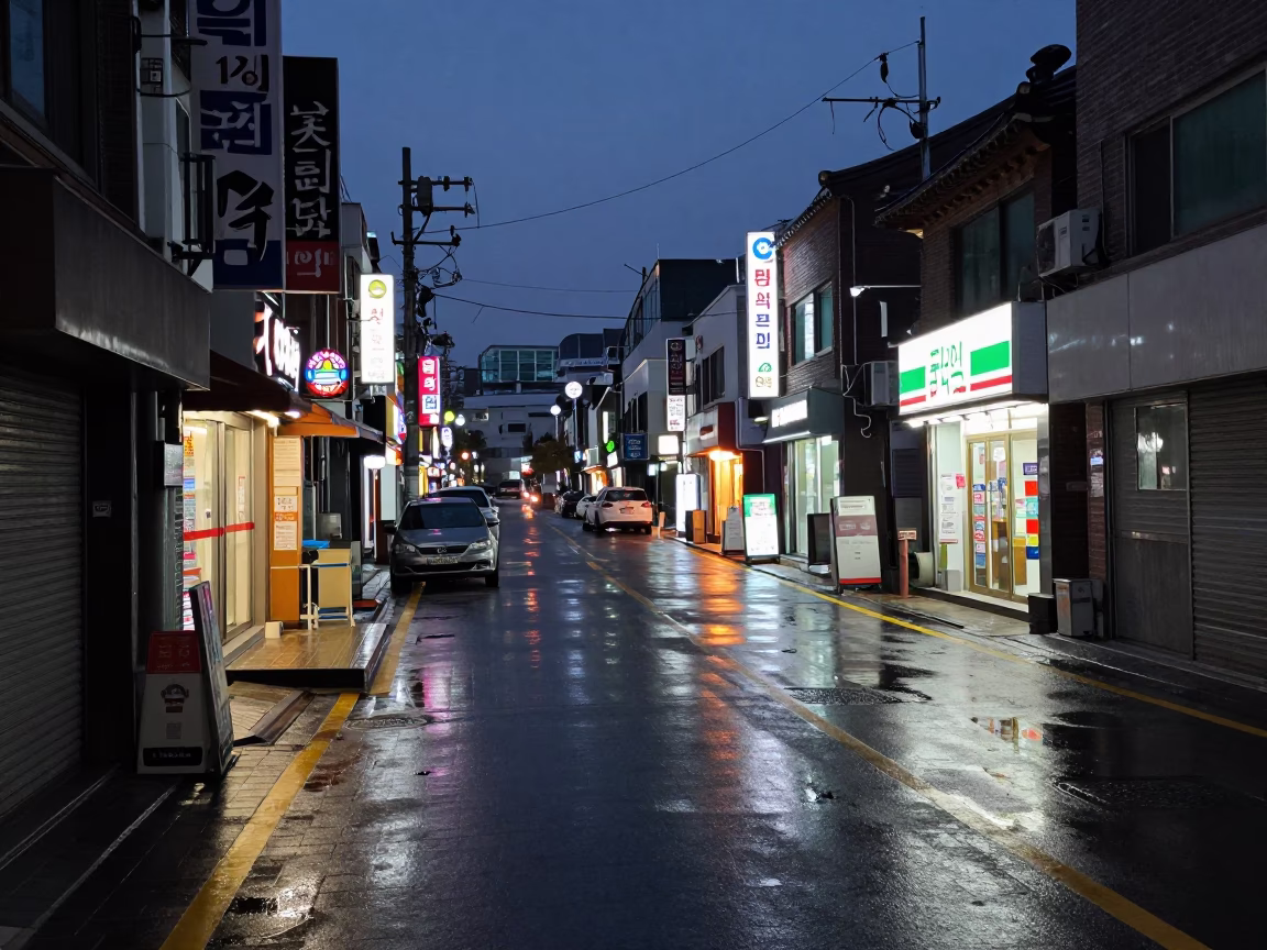Seoul South Korea predawn street scene with wet pavement reflections and urban architecture in in Seoul, South Korea