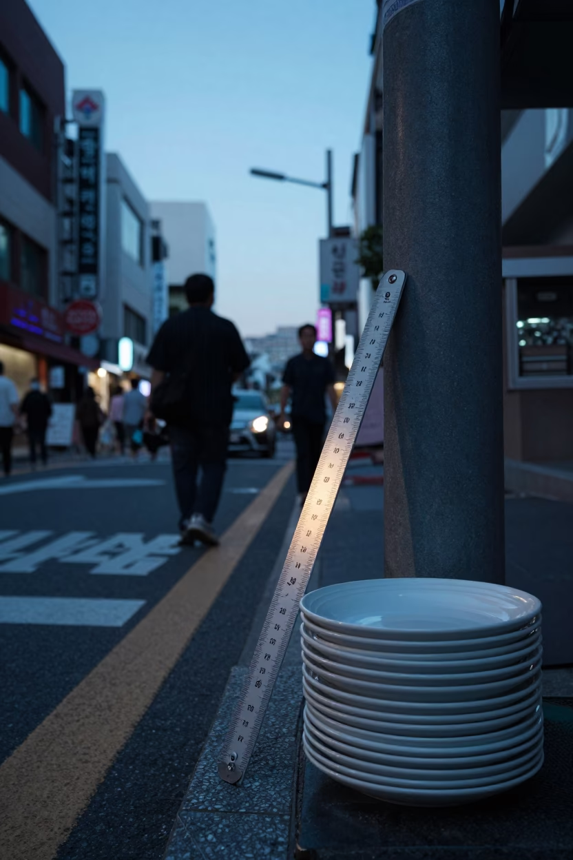 Seoul South Korea street corner at dawn with folding ruler and ceramic plate in in Seoul, South Korea