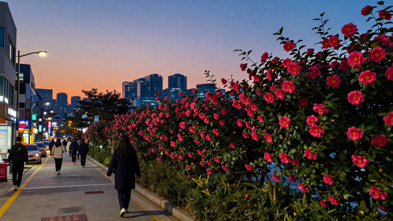 Seoul South Korea street scene at twilight with camellia and plumbago hedge in in Seoul, South Korea