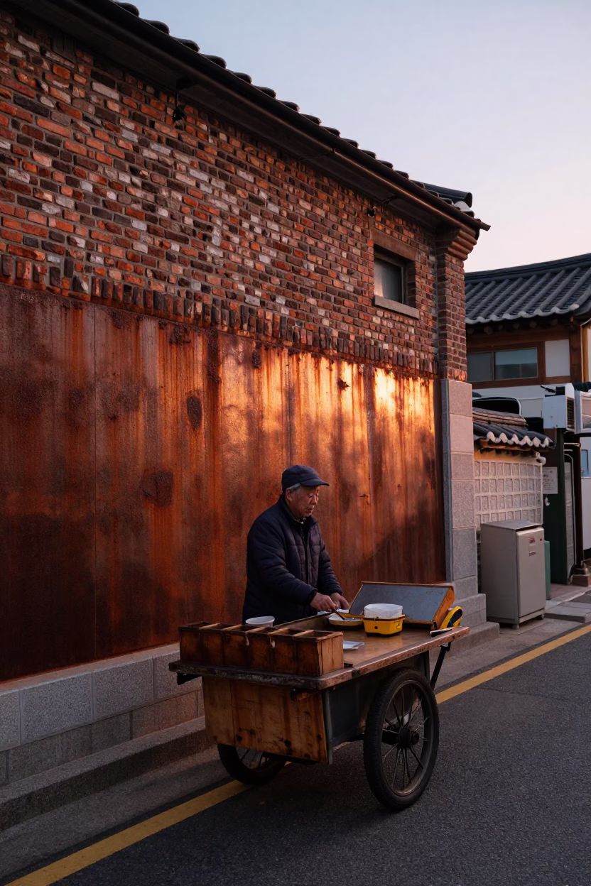 Seoul South Korea Street Scene Before Dusk With Rusty Wall And Traditional Market Goods in in Seoul, South Korea