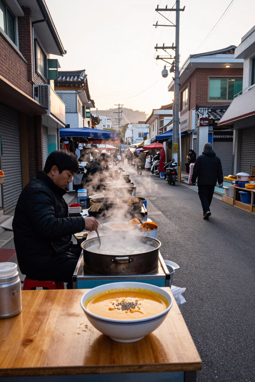 Seoul South Korea Street Scene Just After Sunrise with Local Market Activity in in Seoul, South Korea