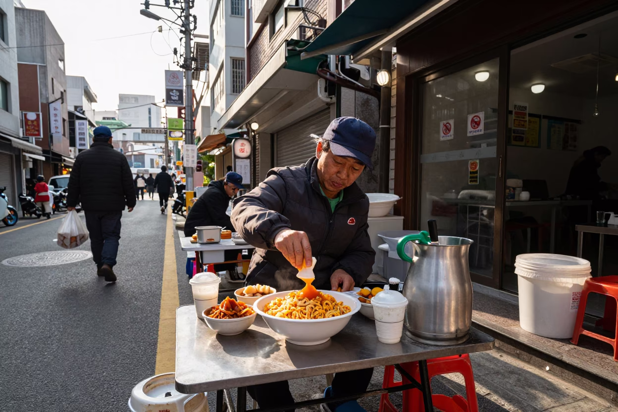 Seoul South Korea Street Scene Late Afternoon Light with Drinking Vessel and Chaat Bowl in in Seoul, South Korea