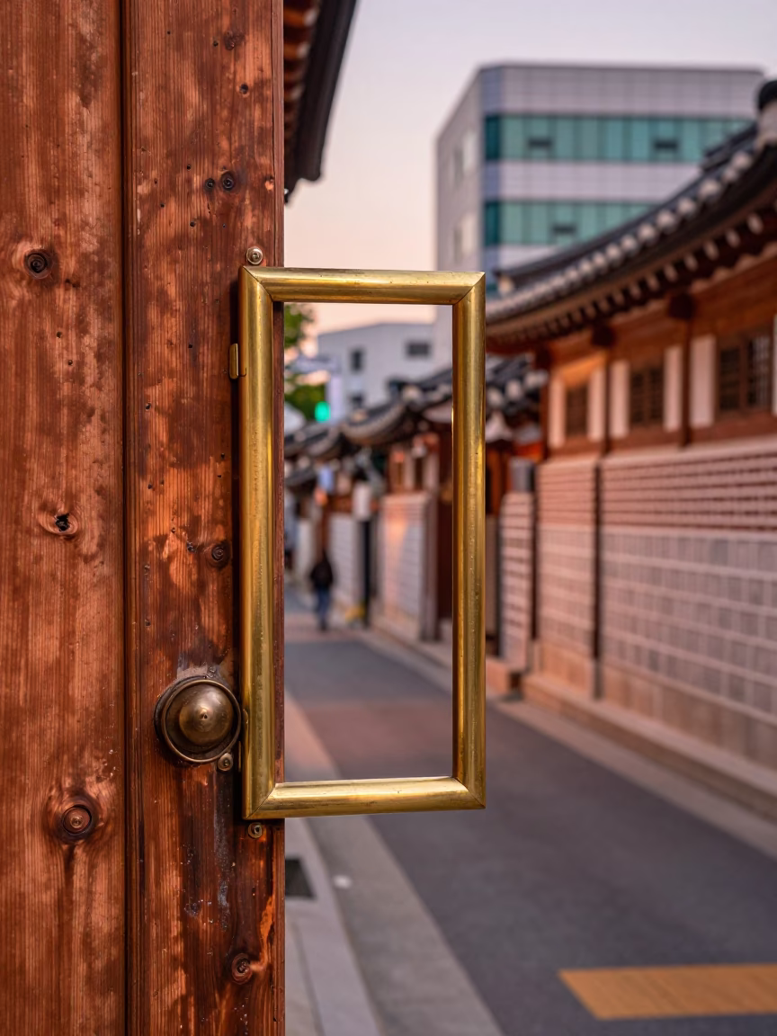 Seoul South Korea street scene with brass frame and doorknob in copper dusk light in in Seoul, South Korea