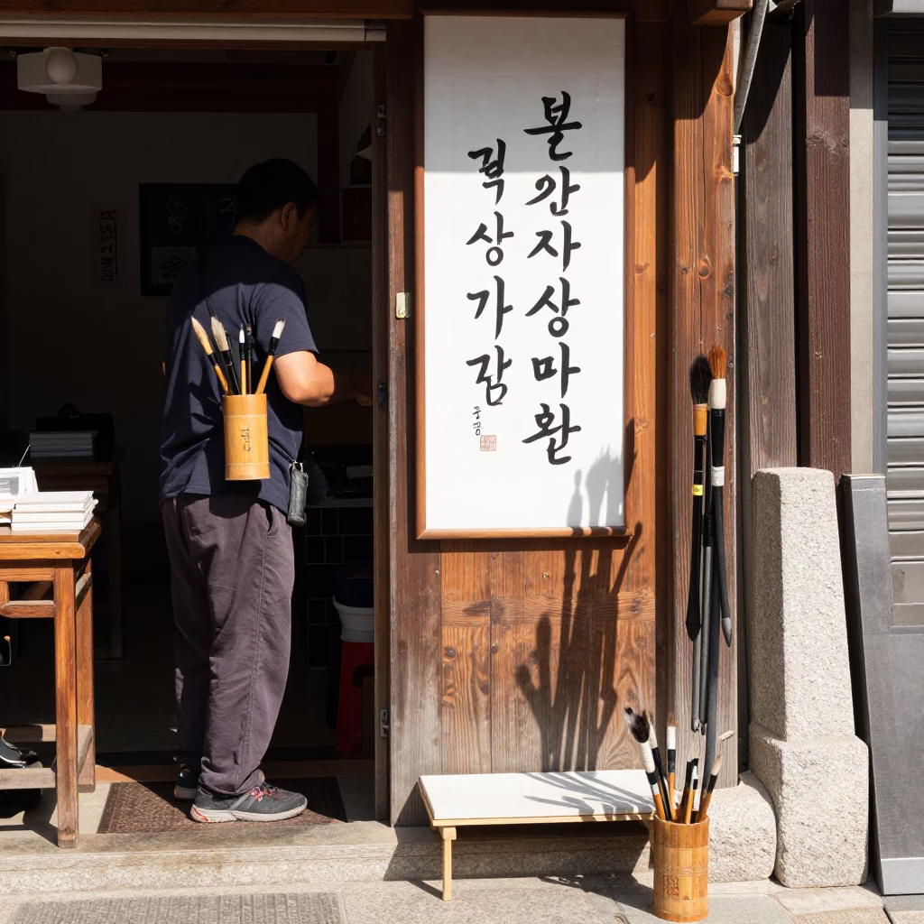 Seoul South Korea Street Scene with Calligraphy Brushes and Wicker Shadow Under Noon Light in in Seoul, South Korea