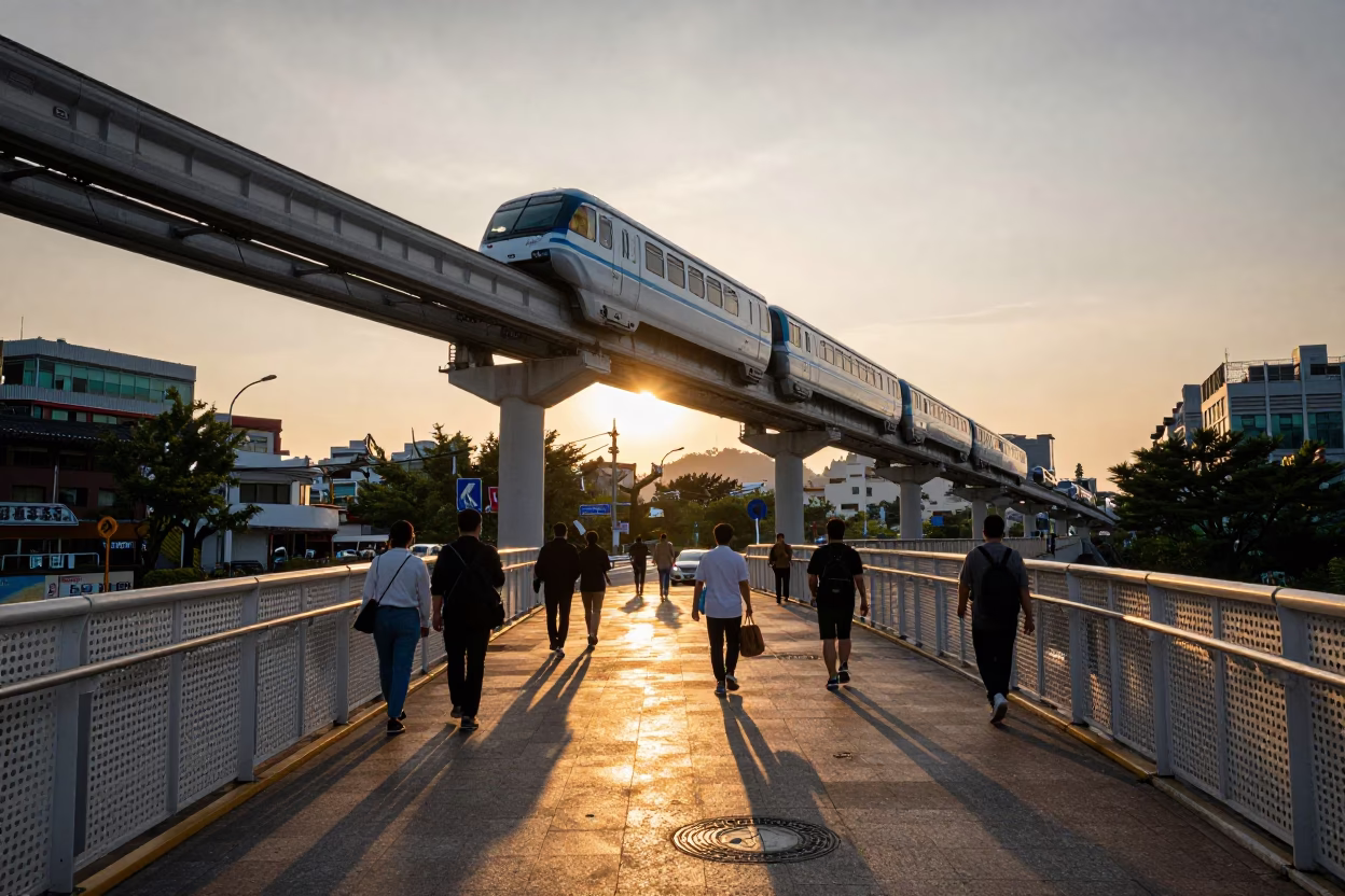 Seoul South Korea Sunset Monorail Overpass Pedestrian Walkway Perforated Metal in in Seoul, South Korea