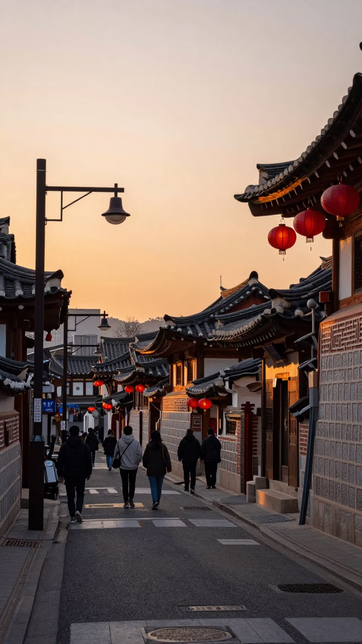 Seoul South Korea Sunset Street Scene with Lanterns and Traditional Architecture in in Seoul, South Korea