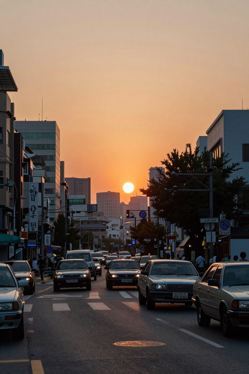 Seoul South Korea Sunset Street Scene with Vintage 1980s Aesthetic and Urban Landscape in in Seoul, South Korea