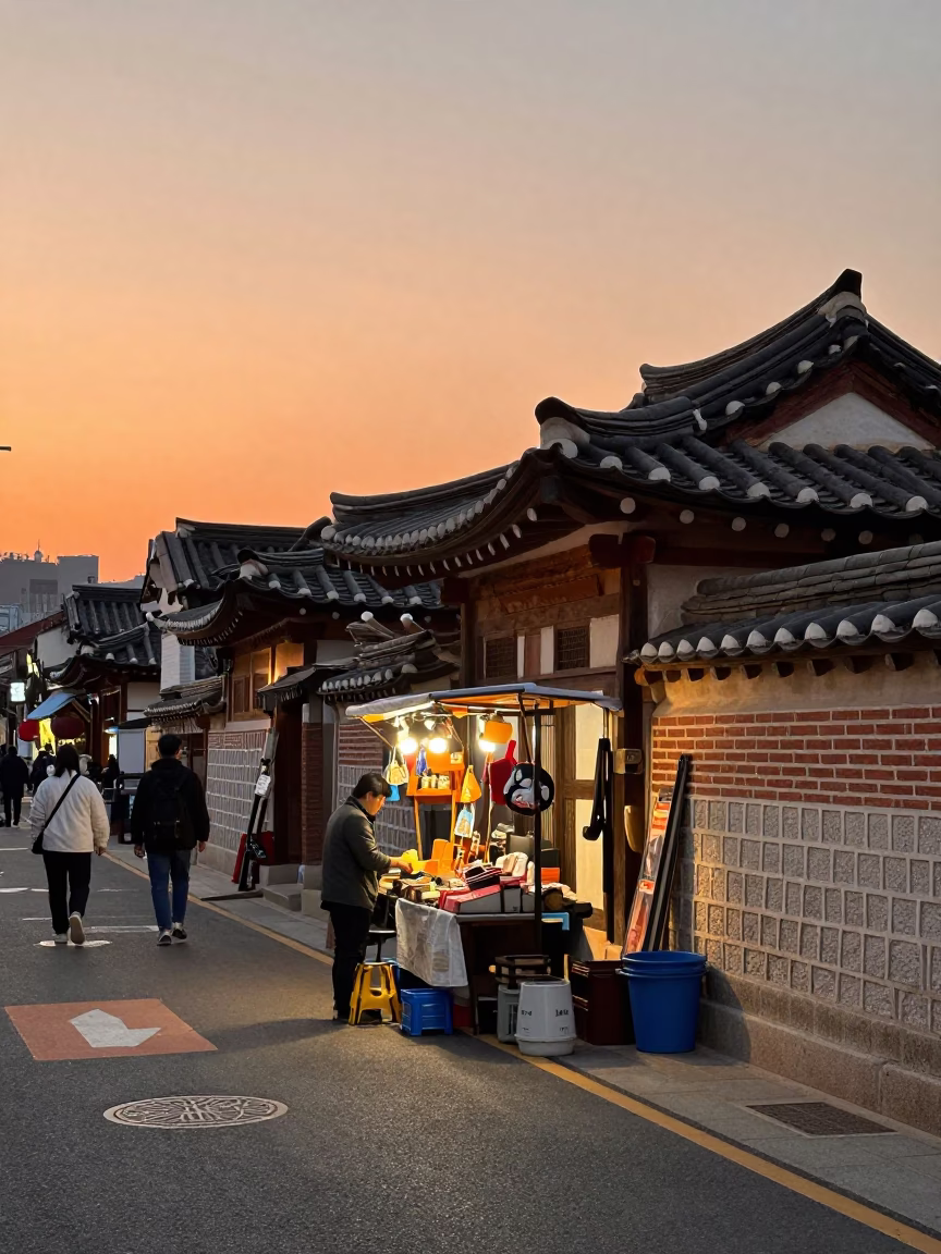 Seoul South Korea Sunset Street Scene with Vintage Goods and Traditional Architecture in in Seoul, South Korea