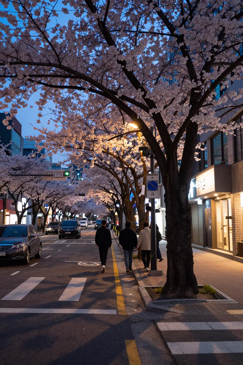 Seoul South Korea Twilight Street Scene with Cherry Blossoms and Urban Life in in Seoul, South Korea
