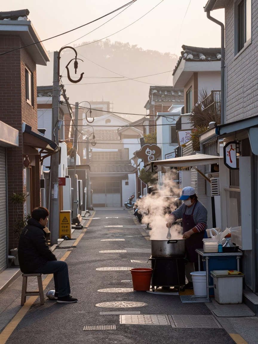Seoul Street Breakfast at Dawn with Rusty Hook and Grease Sheen in in Seoul, South Korea