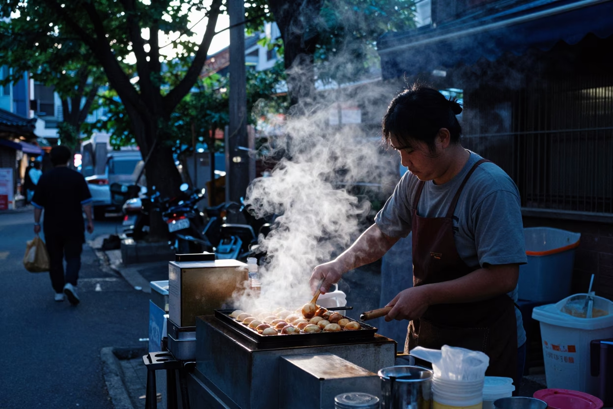Seoul Street Breakfast at Dawn with Steaming Takoyaki and Dewy Urban Infrastructure in in Seoul, South Korea