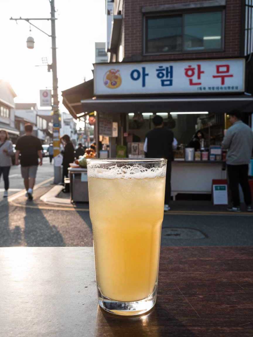 Seoul Street Breakfast Stall Morning Light with Sugarcane Juice and Ceramic Dishes in in Seoul, South Korea