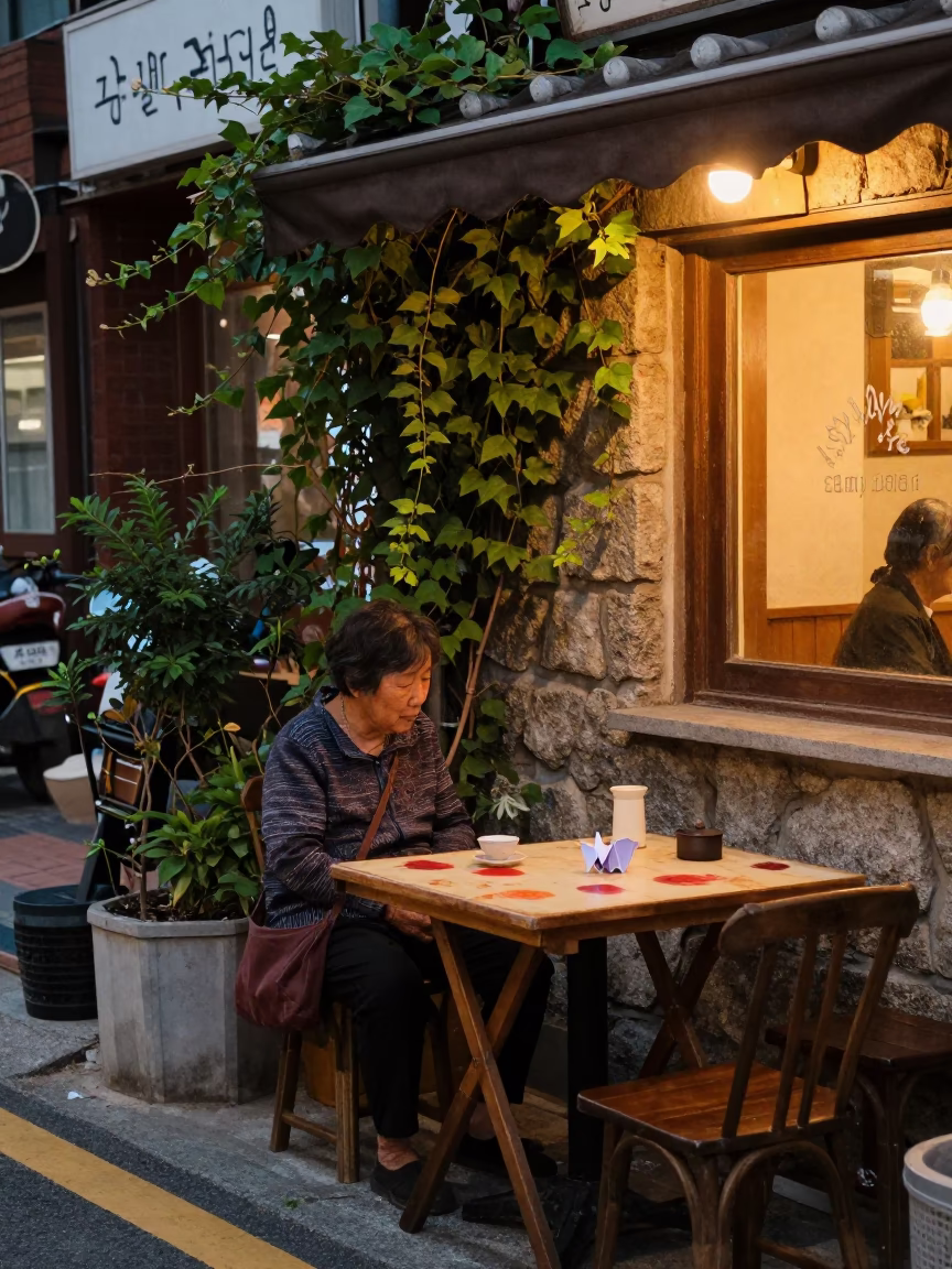 Seoul Street Cafe Evening with Tea Stains and Origami Crane in Honeyed Light in in Seoul, South Korea